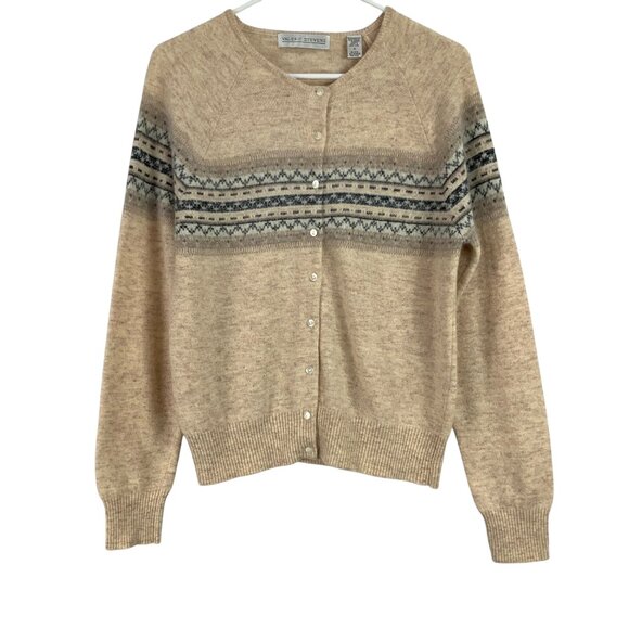 Valerie Stevens Wool Blend Fair Isle Cardigan Beige Size M Button Front - Picture 1 of 4